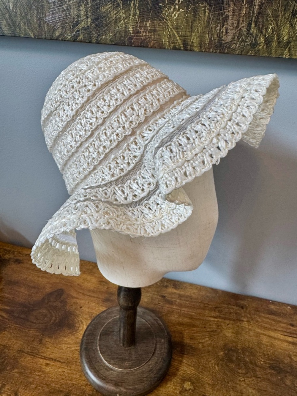 Vintage Crochet Raffia White Wide Brim Sun Hat Mesh Floppy Boho Beach